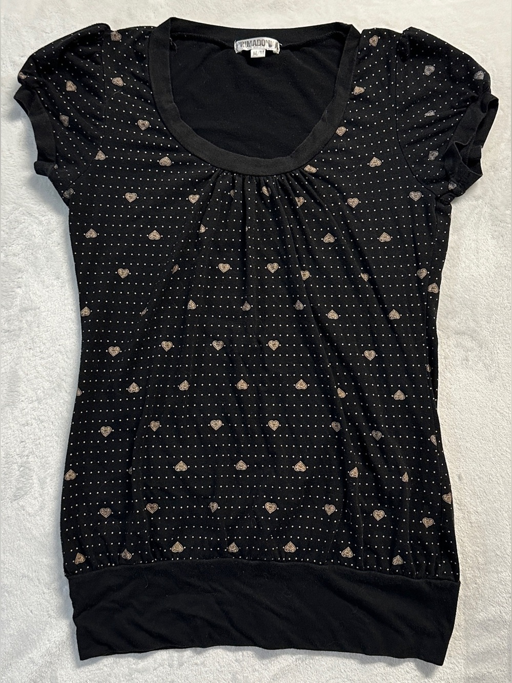 Y2K PRIMADONNA women's black beige polka dot heart graphic tee, M.